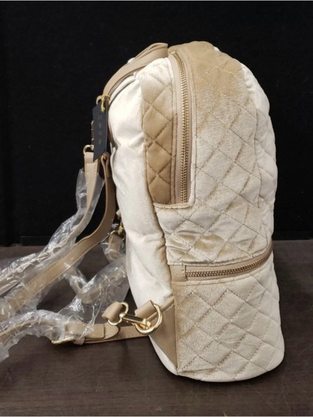 NWT Bebe “Danielle” Plush Velvet Gold Backpack